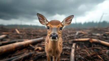 Fototapeta premium An atmospheric portrait of a young deer standing in a deforested area, embodying the themes of vulnerability and environmental awareness in a strikingly somber setting.