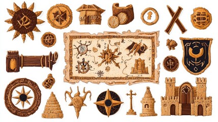 A collection of ancient maps and symbols in intricate wooden designs for creative projects.