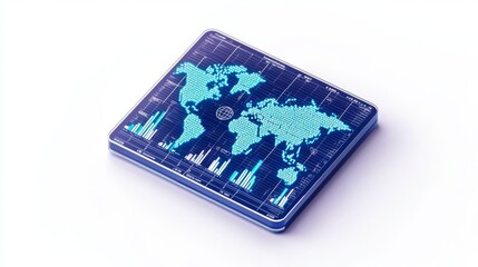 Modern world map design with data visualization and analytical elements.
