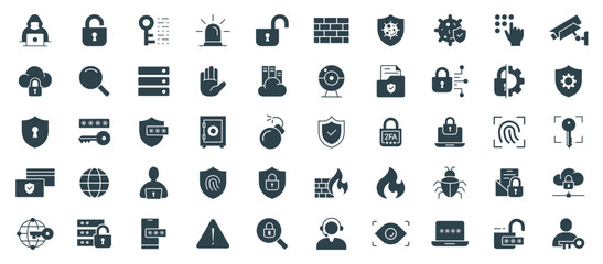 Security and Protection Solid Icon Set. Vector Illustration for Cyber Safety, Privacy, Access Control, and Data Protection