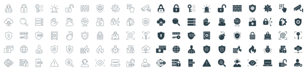 Security line and solid icon set vector. Illustration of Cyber Safety, Privacy, Access Control, and Data Protection
