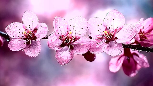Pink blossoms, spring rain, garden backdrop, nature serenity, website header