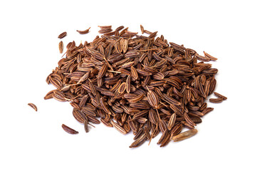 Dried caraway seeds isolated on white. Pile of cumin seeds isolated on white background. No AI tools
