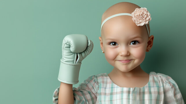 Portrait of a bald toddler girl with soft smile wearing a boxing glove and plaid dress, raising her fist in the air. Cancer awareness concept. 