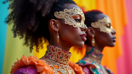 Females wearing a vibrant golden mask adorned with precious stones and a pink feather headdress. Women with golden mask and feather headdress at a Vibrant Brazil carnival.