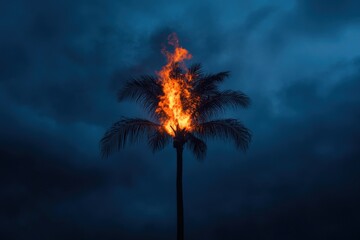Palm Tree on Fire at Night