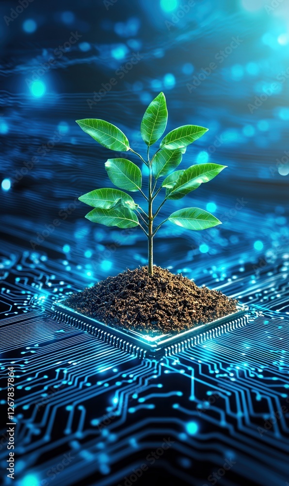 Poster soil and tree flourish atop a computer circuit board in a digital landscape