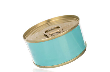 One metal can of fish, close-up, isolated on a white background.