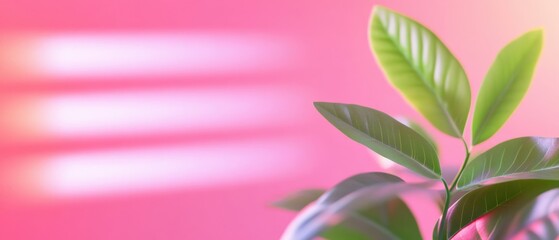 Obraz premium close up of green leaves against pink background