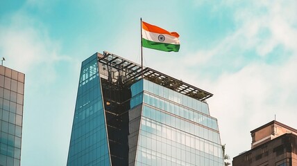 Modern Skyscraper with Reflective Facade and Indian Flag Waving on Flagpole in Cityscape

