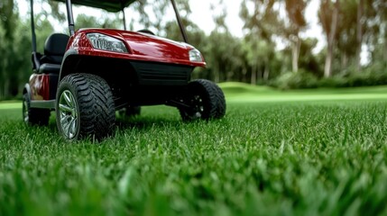 A vibrant red golf cart sits against a backdrop of lush green grass, embodying the spirit of sport and relaxation in a picturesque outdoor golf course setting on a sunny day.