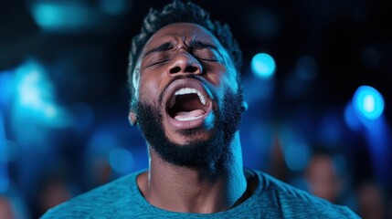 A passionate singer passionately performing on stage with vibrant blue background lights, capturing the intensity of musical expression and raw emotion in the moment.