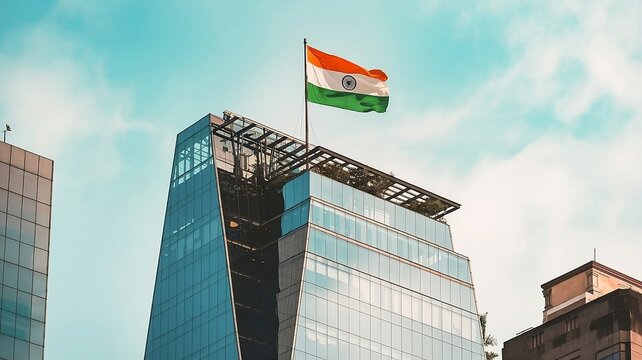 Modern Skyscraper with Reflective Facade and Indian Flag Waving on Flagpole in Cityscape

