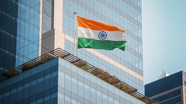 Indian Tiranga Flag Waving on Building with Urban Skyline Background

