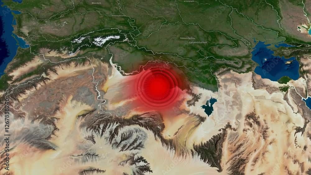 Poster Concentric red circles expanding across geographic map, visualizing seismic wave propagation from earthquake epicenter in dramatic slow motion sequence representing ground movement dynamics