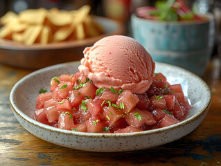 Delicious Scoop of Vanilla Ice Cream Topped With Fresh Rhubarb Pieces on a Rustic Table Setting