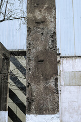 Honeycombs on concrete surface. Poorly made uncompacted concrete defective construction with...