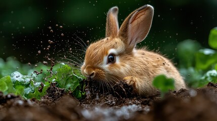 Fototapeta premium This adorable rabbit digs into the moist earth, playfully splattering dirt as it searches for food among vibrant greenery in a captivating natural setting.