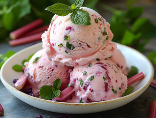 Delicious Scoop of Vanilla Ice Cream Topped With Fresh Rhubarb Pieces on a Rustic Table Setting