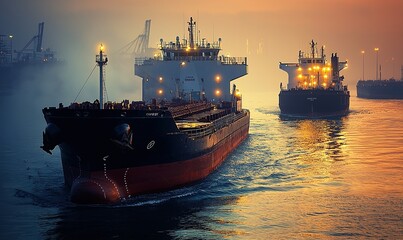 Fototapeta premium Tugboats assist container ship during sunset at Long Beach port