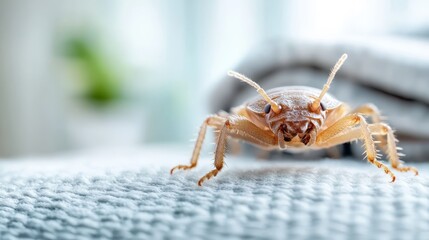 This unsettling image features a cockroach perched on a cozy knitted basket, symbolizing an overlooked household pest and emphasizing the importance of cleanliness in cozy settings.
