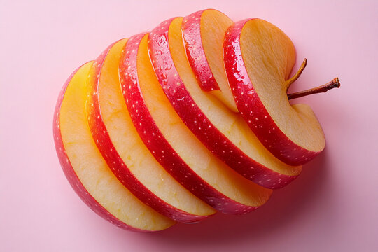 Creative top view of an apple sliced, diced and stacked on a pink background