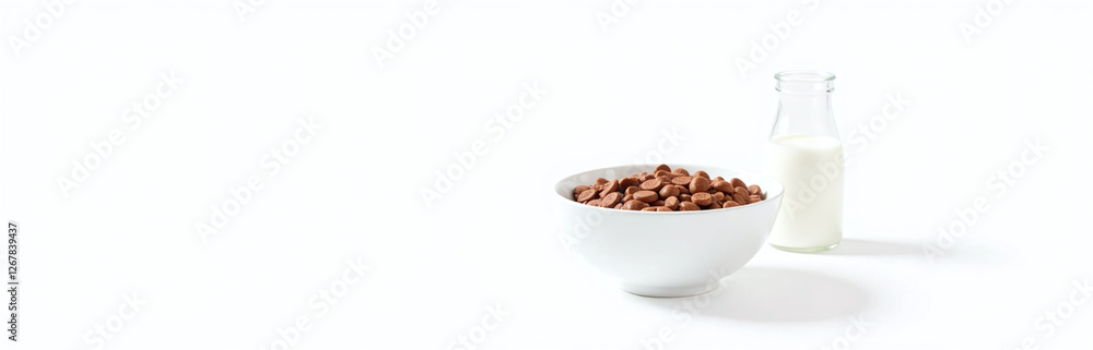 Poster White Background Features A Simple Breakfast Setup With A Bowl Of Chocolate Cornflakes And Milk In An Isolated Setting. 00002