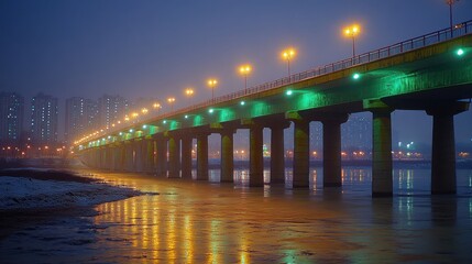 Misty night view of a bridge over a river with city buildings in the background.