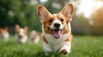 This image captures a happy corgi joyfully sprinting through lush green grass with other corgis in the background, radiating energy and excitement in a vibrant setting.