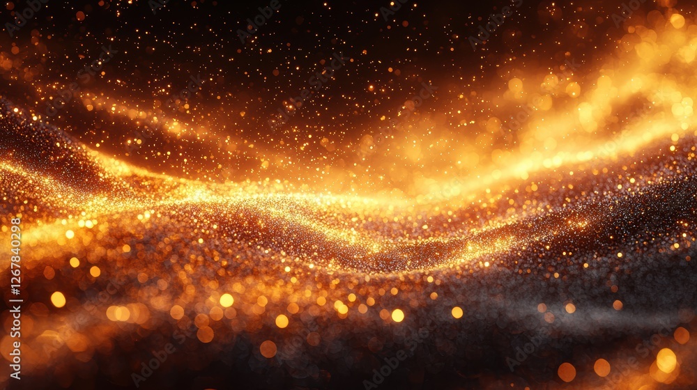 Poster a shimmering wave of golden particles creating a mesmerizing visual effect.
