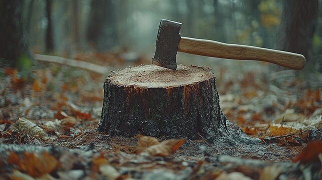 close up of axe hitting wood stump in forest representing timber cutting industry work equipment sharp blade and manual labor in outdoor nature scene