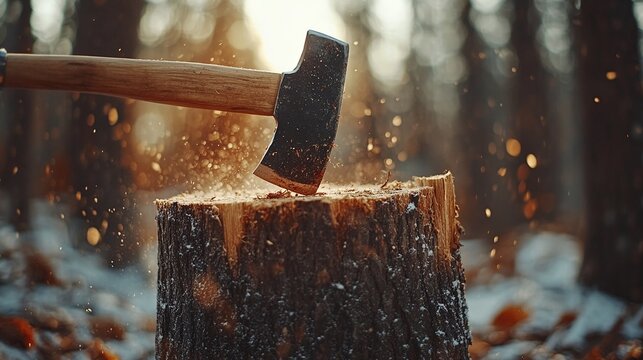 close up of axe hitting wood stump in forest representing timber cutting industry work equipment sharp blade and manual labor in outdoor nature scene