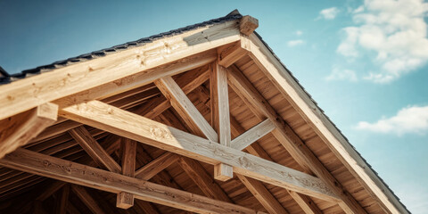 Featuring a detailed view of a wooden roof truss, the structure exemplifies skilled craftsmanship against a bright sky