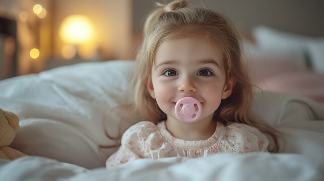 portrait of happy baby girl with pink pacifier sitting in bed smiling sweetly representing innocence childhood joy and adorable family lifestyle for greeting card