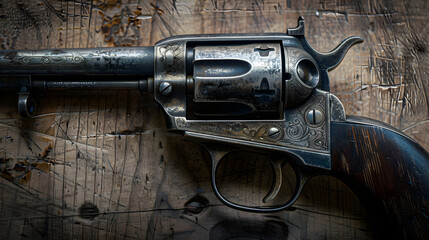 Close-Up of Classic Revolver on Rustic Wooden Surface Evoking History and Craftsmanship