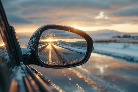 Stunning sunset reflection in a car s rearview mirror during a peaceful evening drive