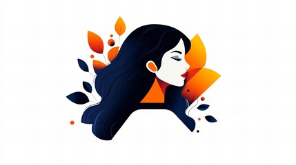 Serene woman's profile, illustrated with autumnal colors and leaves. Minimalist design.
