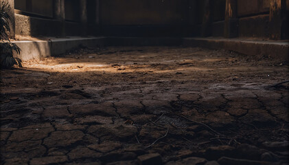 Cracked earth in a dark room with beams of light filtering through the cracks, dramatic realism style