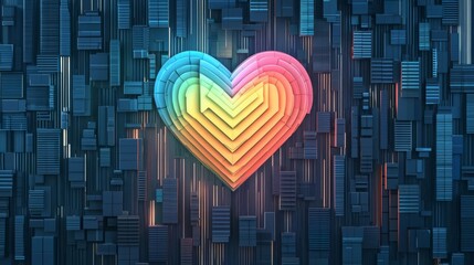 Colorful heart design over layered textures, symbolizing love and creativity.