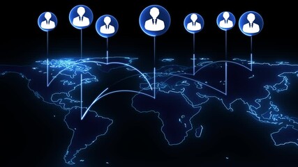 World map with interconnected lines and icons indicating a global network of people and businesses.