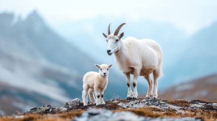 Fototapeta premium An endearing image captures a mother goat and her kid standing proudly on rocky terrain with a breathtaking mountain view, encapsulating the spirit of adventure and familial love.