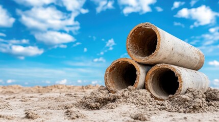 This image showcases a stack of three concrete pipes partially buried in sand, set against a vibrant blue sky adorned with fluffy clouds, symbolizing construction and nature.