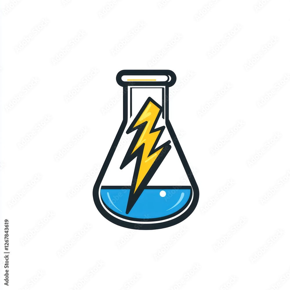 Poster cartoon lab flask with lightning bolt. scientific concept. possible use educational material