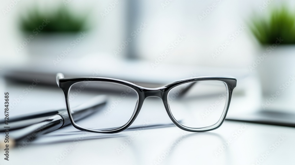 Aufkleber Black framed glasses on a workspace desk with plants and stationery in the background during the daytime hours. Generative AI
