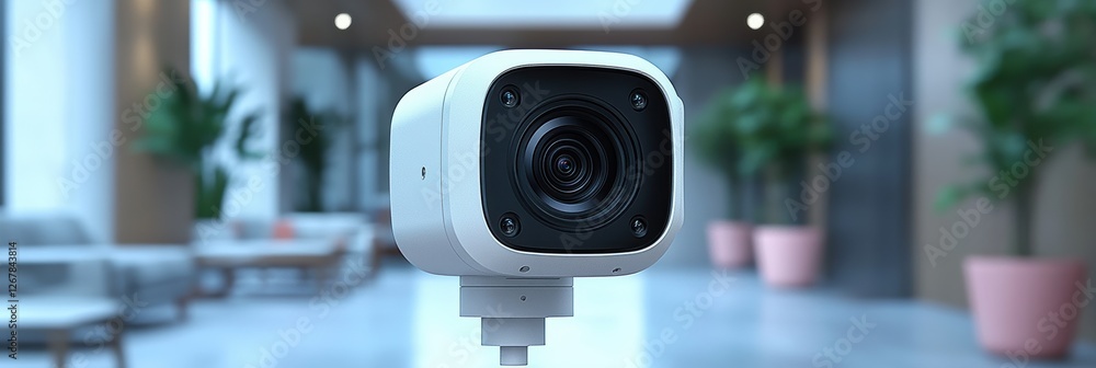 Poster high-resolution video camera with motion detection features in modern office setting