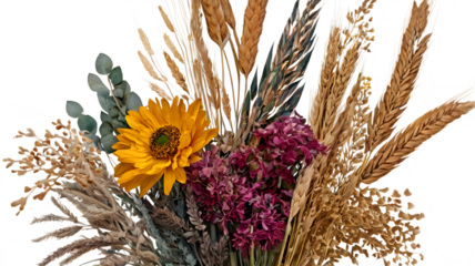 A modern floral bouquet created using AI, blending dried flowers, wheat stalks, and vibrant accents, with artistic botanical patterns and a high-quality transparent background.

