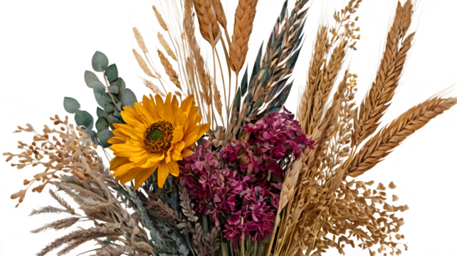 A modern floral bouquet created using AI, blending dried flowers, wheat stalks, and vibrant accents, with artistic botanical patterns and a high-quality transparent background.

