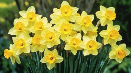 Fototapeta premium A close-up of Narcissus in full bloom, the yellow petals and bright center glowing, framed by the soft green of new spring leaves and a blurred background