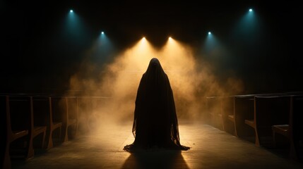 An eerie silhouette of a ghostly figure illuminated by dramatic lighting, casting an otherworldly presence in a dimly lit environment that evokes a sense of fear and uncertainty.