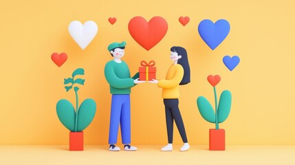 A vibrant illustration of a couple exchanging gifts with heart symbols in a cheerful setting.
